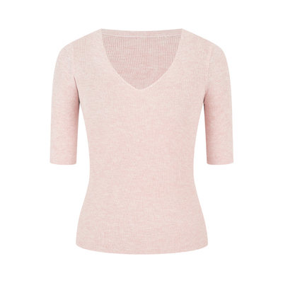 粉色针织短袖t恤中袖半袖v领上衣