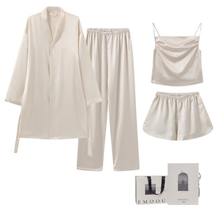 EMOOULI/一暮里正品定制刺绣睡衣春秋季高级感冰丝绸吊带睡裙套装