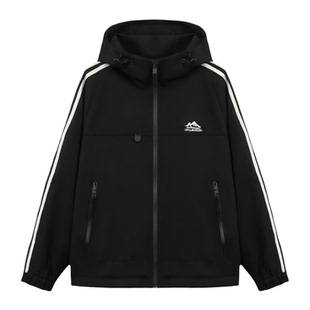 条纹夹克男生学生春秋冬季新款青少年宽松加绒运动休闲冲锋衣外套