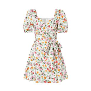 摩萨克夏纯棉甜美玫瑰碎花印花V领泡泡袖收腰中短款连衣裙女