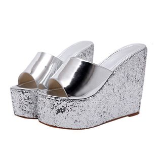 少女超高跟凉拖14CM防水台厚底鱼嘴鞋金色亮片松糕女鞋夏季坡跟鞋