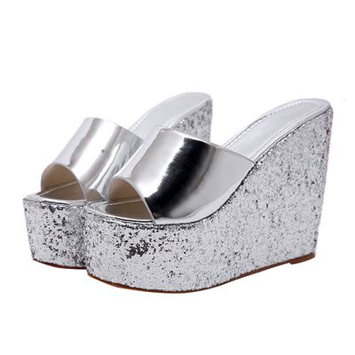 14cm台厚底金色亮片坡跟鞋凉拖