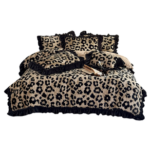 冬季保暖美拉德加厚牛奶绒四件套豹纹被套珊瑚绒高级感床笠床单款