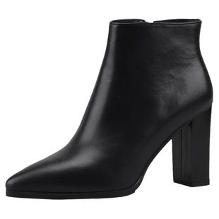 misili 真皮粗跟短靴女 2026年秋冬季新款高跟鞋侧拉链尖头及踝靴