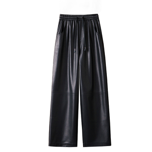 真皮皮裤女九分裤2025秋季新款松紧高腰绵羊皮阔腿裤宽松直筒裤子