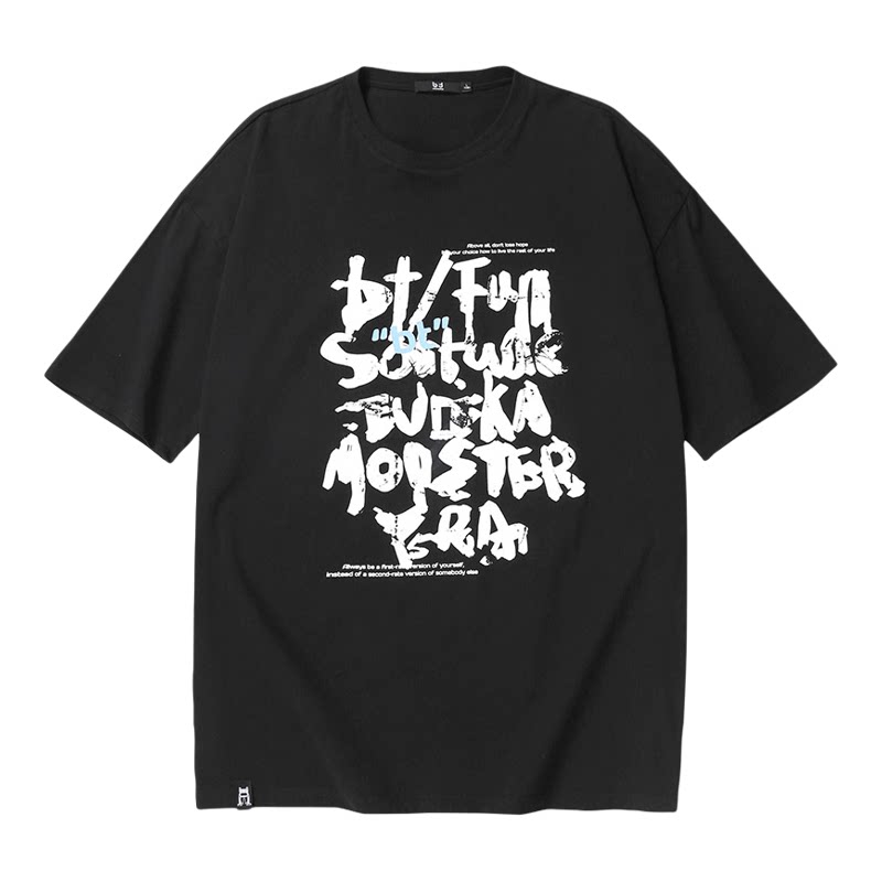 bt夏季字母涂鸦印花纯棉宽松圆领落肩短袖五分袖T恤男女同款情侣