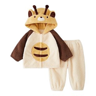 婧麒宝宝睡衣加绒保暖秋冬男童女童珊瑚绒家居服套装可外穿秋衣裤