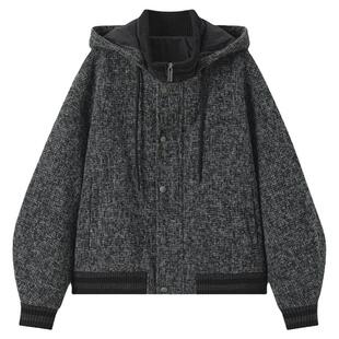 华吉言【像素】羊毛混纺立裁挺括夹克款连帽长袖外套