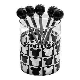 高颜值不锈钢勺子家用咖啡勺甜品勺搅拌棒水果叉调羹带收纳罐套装