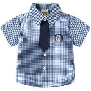 男童短袖衬衫纯棉夏季新款童装韩版宝宝洋气领带儿童翻领衬衣薄款