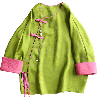 云澍原创 花罗香云纱新中式国风真丝撞色斜襟圆领盘扣上衣T恤女春