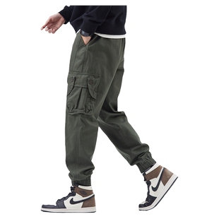 hansca秋冬季款工装休闲裤男宽松日系青少年潮流抽绳加绒束脚裤子