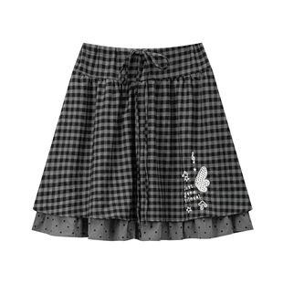 Double L2 韩系格子音符刺绣半身裙女学院风设计感高腰显瘦中长裙