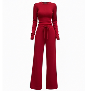 欧货炸街休闲运动套装女春秋季时尚减龄红色修身上衣阔腿裤两件套