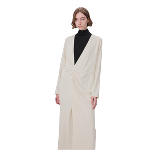 Fabrique 白色抗皱垂顺不对称偏襟深V长袖宽松连衣裙女春秋新品