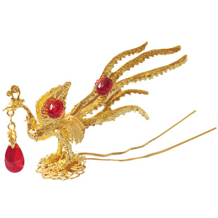 古风立体凤凰发钗明制凤冠红琉璃挑牌狄髻配饰顶心坦领汉服发饰女