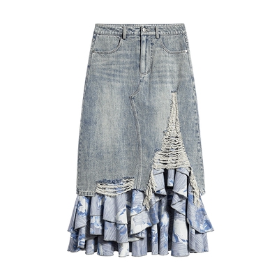 Desigual26春夏新品花卉印花双层拼接牛仔不规则半裙