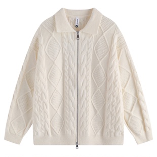 HTTAOSUP秋冬纯色菱形纹理感扭花开衫毛衣男潮牌宽松情侣针织外套