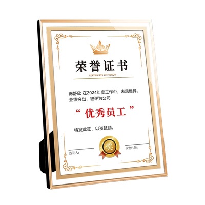 荣誉证书奖状臻赟水晶玻璃