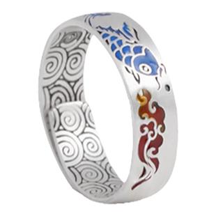 古风纯银国风素圈戒指女小众设计足银999戒指 鱼戒指女开口可调节