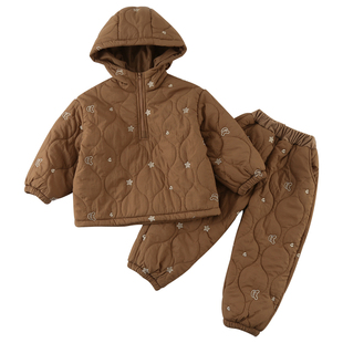 儿童夹棉套装秋冬季连帽男女童加绒保暖衣服2025新款宝宝棉衣裤子