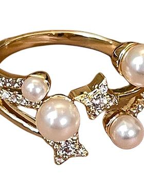 金色微镶星星珍珠开口戒指高级感