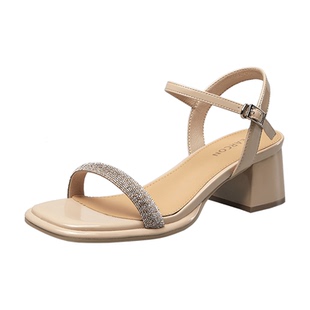 意尔康女鞋通勤夏季法式女士粗跟凉鞋外穿一字式扣带高跟鞋配裙子