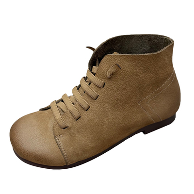 手工复古真皮短靴女2025新款平底短靴系带圆头百搭切尔西单靴女靴