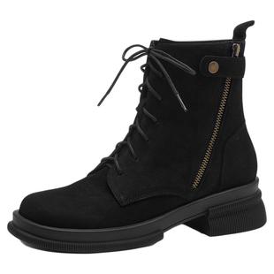 星期六2025新款黑色系带短靴女厚底马丁靴皮带扣机车靴厚底瘦瘦靴