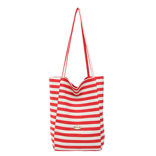 双面可背条纹帆布包小众韩版大容量慵懒风红色托特包休闲购物袋女
