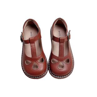 森系真牛皮女童皮鞋法式白色公主鞋复古棕色浅口单鞋演出鞋软底