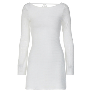 纯欲风白色简约长袖连衣裙2026初秋新款辣妹性感大露背收腰短裙女
