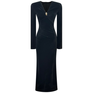 高级感黑色丝绒连衣裙秋冬新款气质轻奢V领长袖修身显瘦包臀长裙