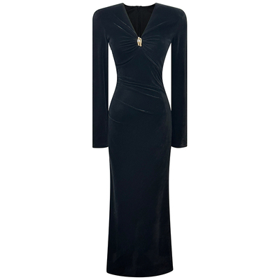 高级感黑色丝绒连衣裙秋冬新款气质轻奢V领长袖修身显瘦包臀长裙