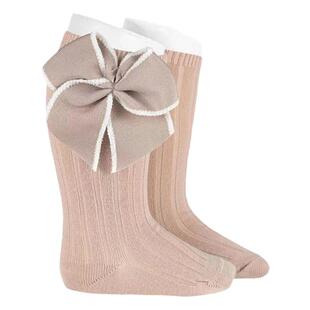 西班牙Condor儿童坑条中筒袜婴幼儿竖条纹棉柔女童蝴蝶结高筒袜子