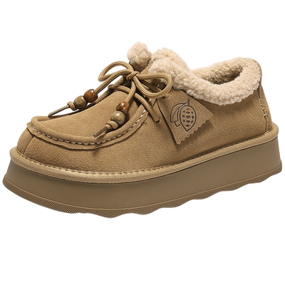 森达真皮毛毛鞋可可厚底棉鞋