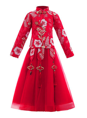 女童过年中国风喜庆加厚红色古装汉服唐装红色宝宝拜年服新年冬装