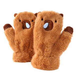 亲子款包指挂绳手套秋冬季保暖毛绒加厚连指挂脖儿童手套卡皮巴拉