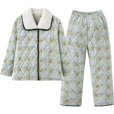 冬季女士睡衣加厚夹棉撞色格纹