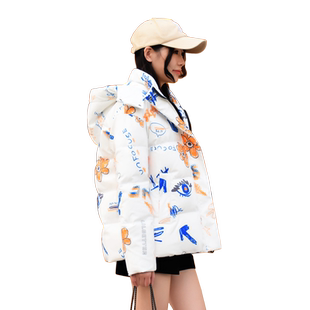 涂鸦印花羽绒服女短款女款小个子花色2025新款女士白鸭绒白色外套