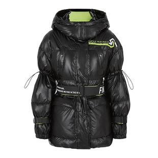 sdeer圣迪奥女装高领连帽撞色字母收腰黑色羽绒服S21482413