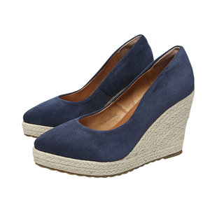 坡跟单鞋女春秋季气质新款浅口时尚尖头厚底防水台草编鞋超高跟鞋