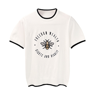 欧美Vibe风修身冰丝针织短袖男 夏季衣服男款潮流小蜜蜂刺绣t恤男