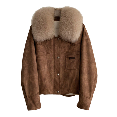 狐狸毛领90白鹅绒麂皮绒夹克皮草