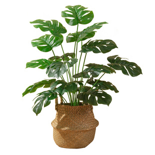 北欧简约折叠海草编织花篮手工手提藤编收纳筐仿真绿植大小号花盆