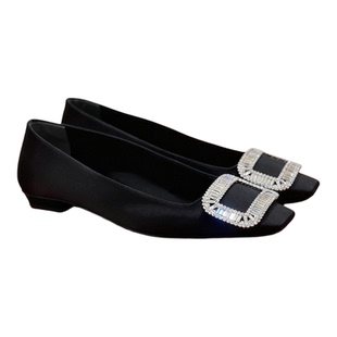 CK&RV高定~黑色水钻方扣玛丽珍粗跟单鞋女鞋法式小跟鞋厚黑平底鞋