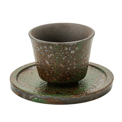 老岩泥青苔绿粗陶品茗杯杯垫