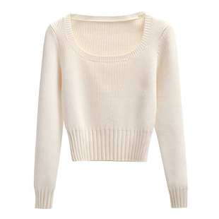 纯欲短款方领针织衫女秋冬大码胖mm港风修身内搭打底毛衣长袖上衣