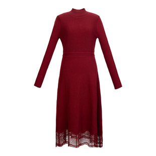 HONRN/红人减龄红色长袖修身收腰显瘦针织连衣裙秋冬款HG55OM657