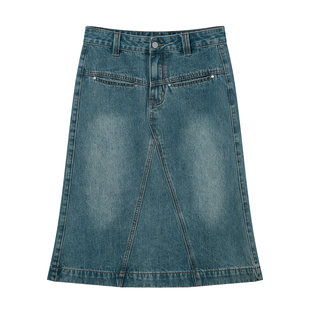 LLANO磨白牛仔小鱼尾裙复古时髦半身裙小a裙子伞裙高腰半裙女夏秋